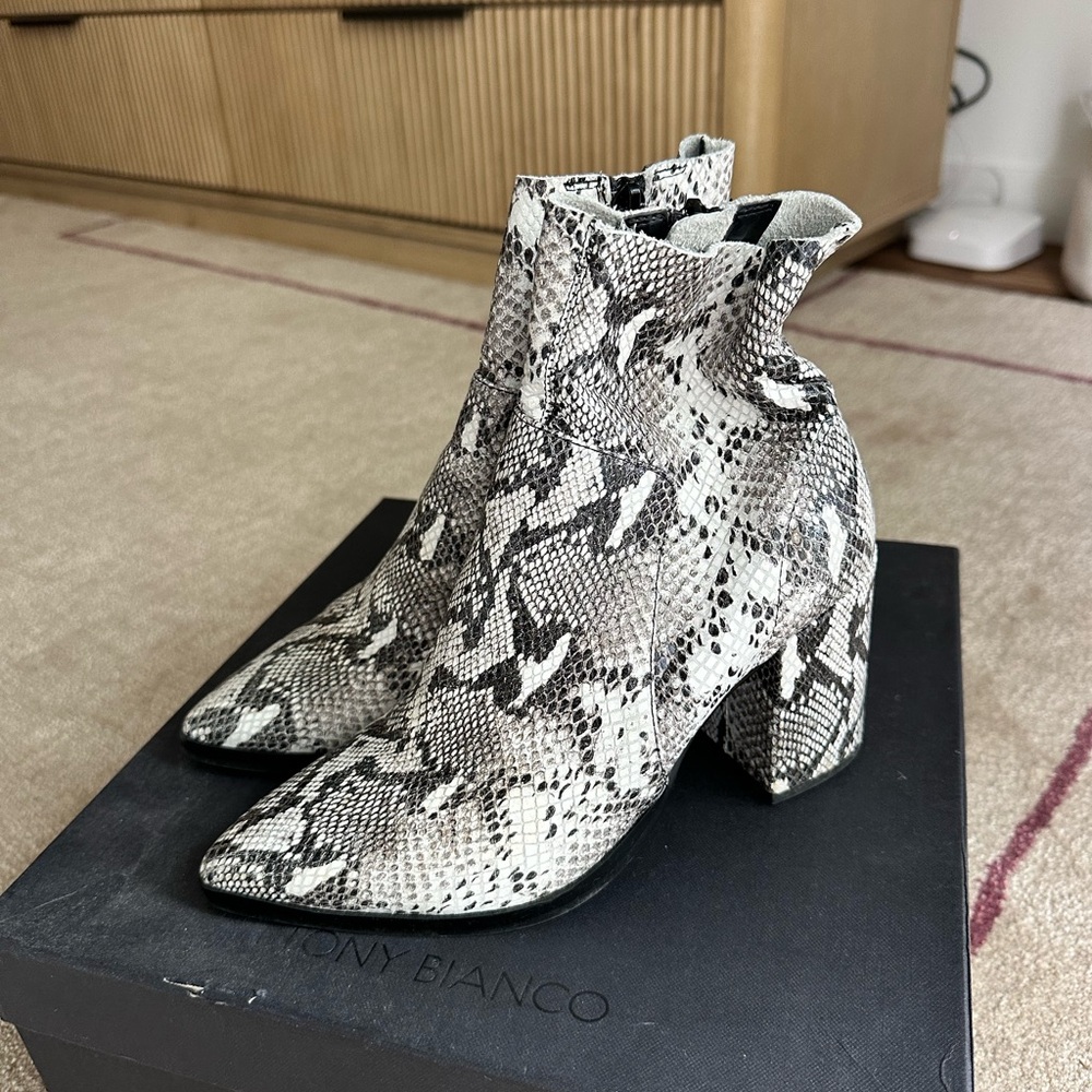 Tony Bianco Black and Cream Snake Print Booties